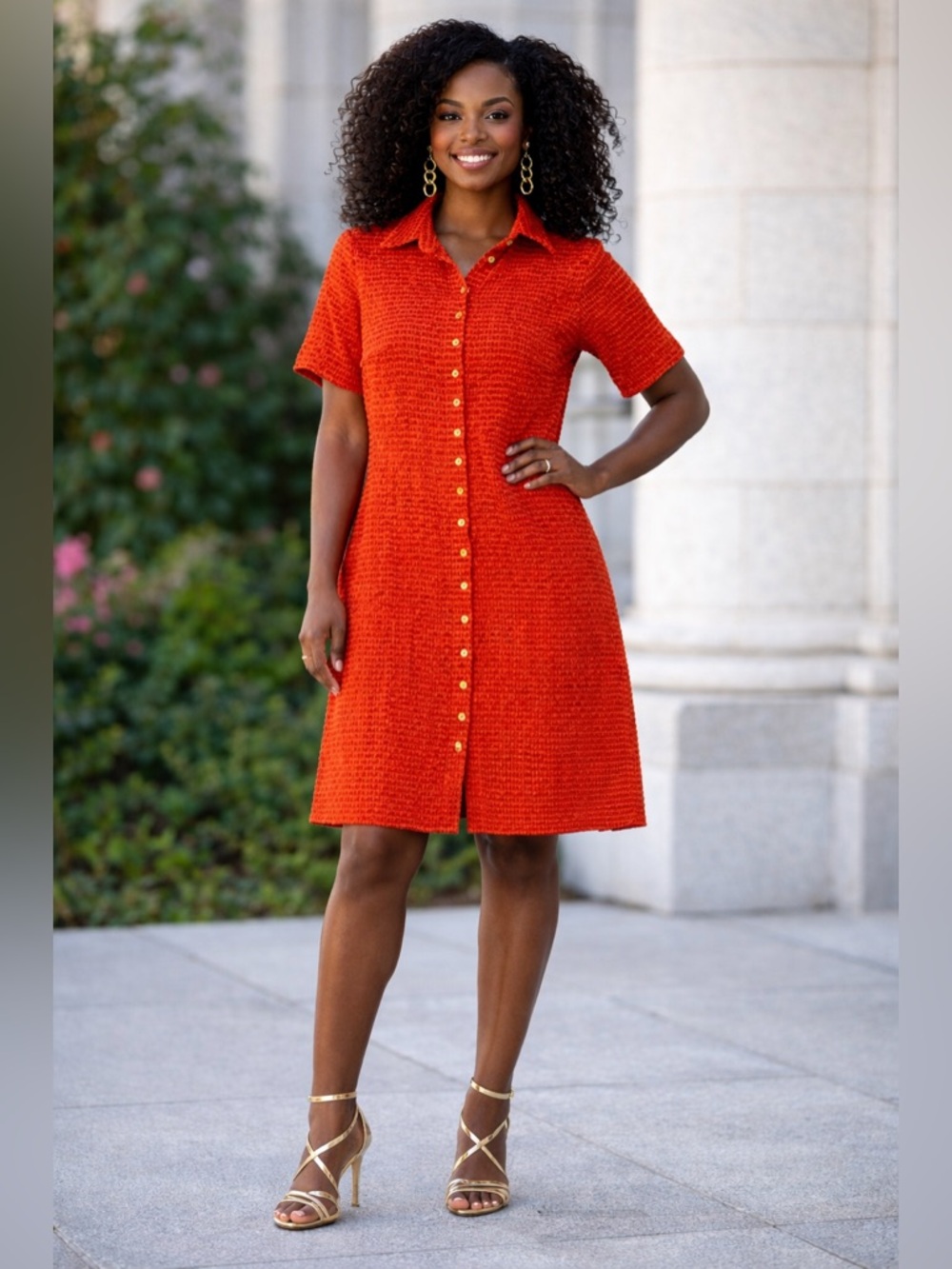 Geysir orange button down midi dress Size S